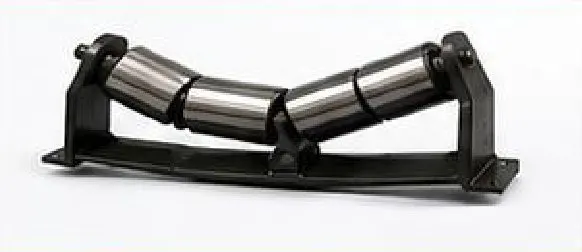 Troughed belt training idler with three steel rollers on a frame