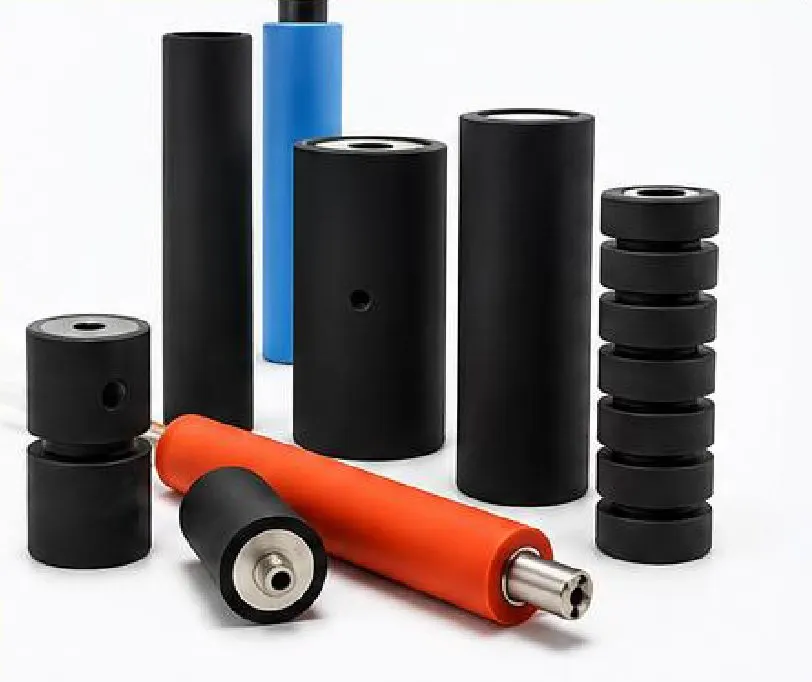 Black, blue and orange rubber rollers and sleeves