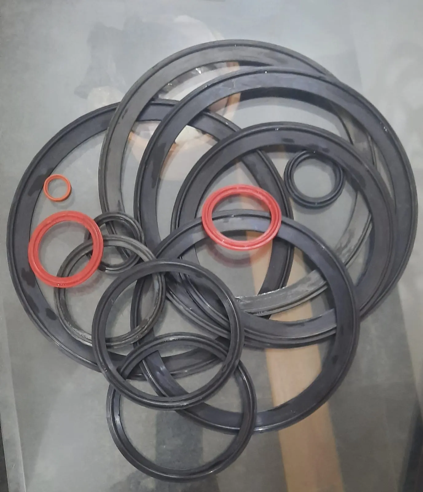 Black rubber and red silicone TC and triclover gaskets in various sizes